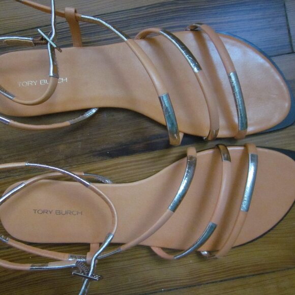 Tory Burch Split Mignon Multi Strap Flat Sandal in Orange and Gold - Picture 4 of 5